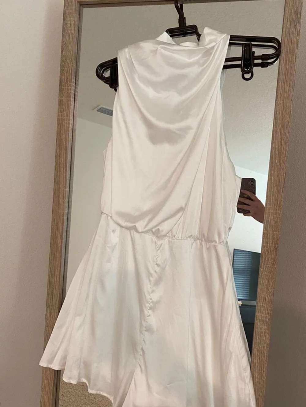 Amazon White Satin Sleeveless Draped Mini Dress